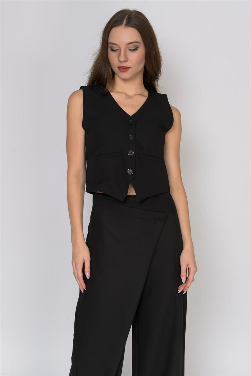 Front Button Detail Pareo Trousers & Vest Black