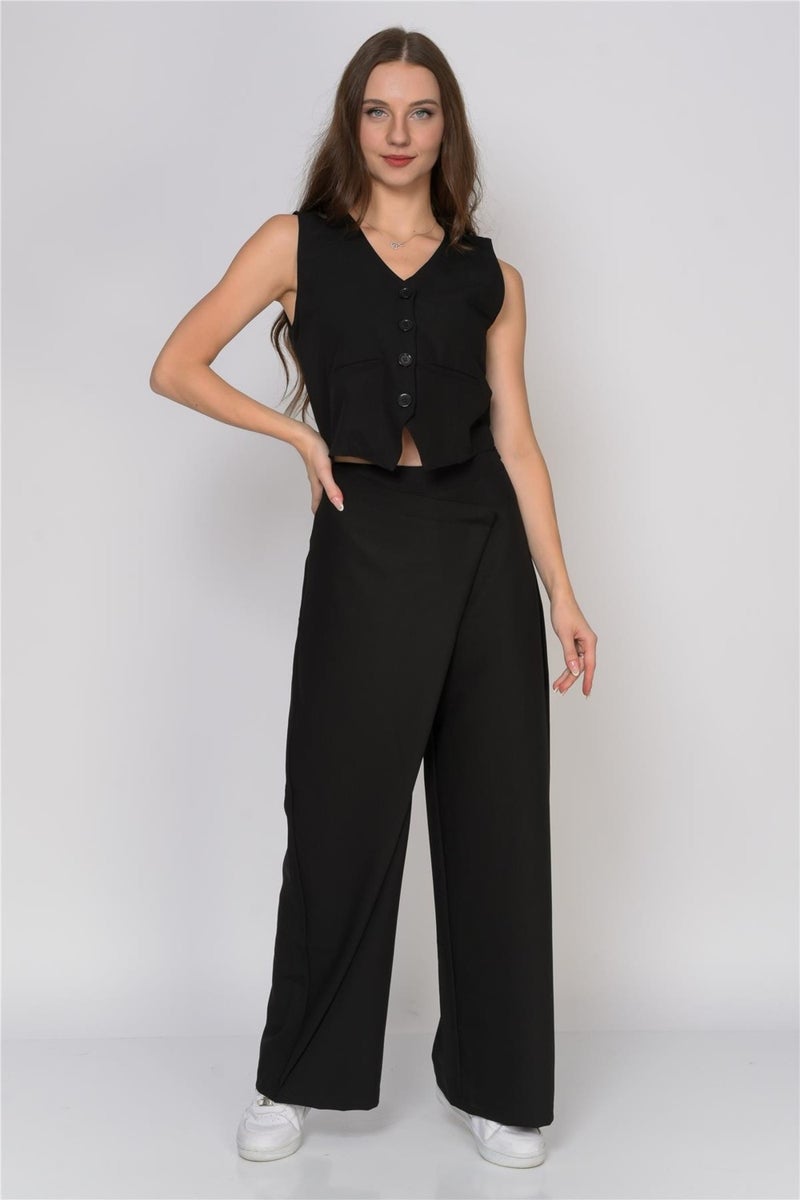 Front Button Detail Pareo Trousers & Vest Black