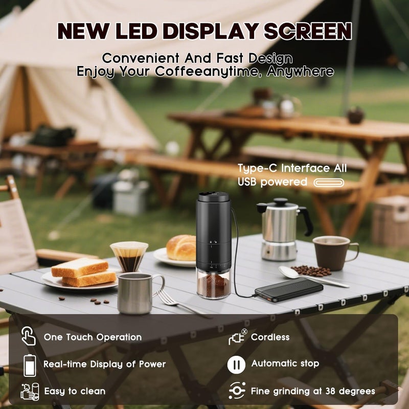 ANYOUI Upgraded Electric Burr Coffee Grinder, , Portable Coffee Bean Mill with LED Touch Screen/ 38 Precise Grind Settings/External Adjustment/Clean Brush/Charging Cable-Black - Image 4