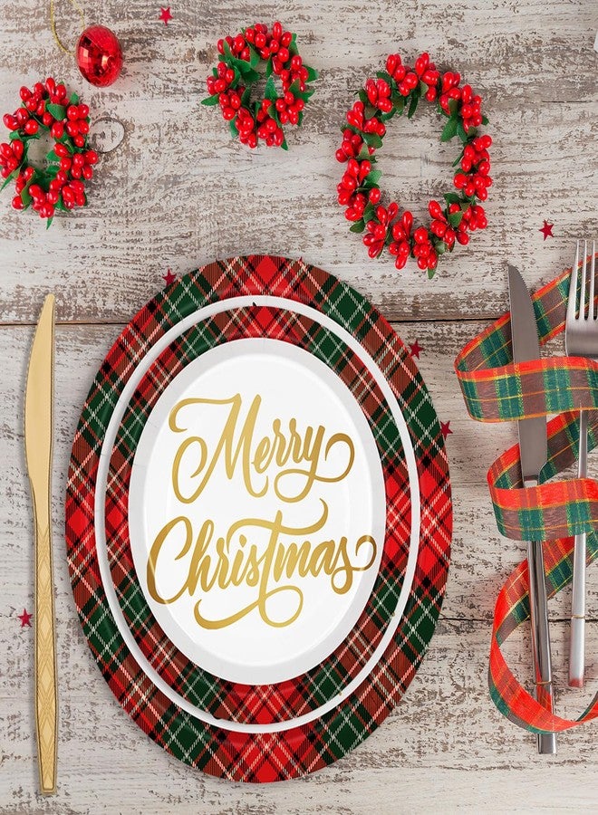 JarThenaAMCS 400Pcs Gold Foil Christmas Santa Party Supplies Kit Serves 50 Plaid Xmas Tree Paper Plates Napkins Disposable Cups Plastic Knives Forks Spoons for Holiday Party - Image 4