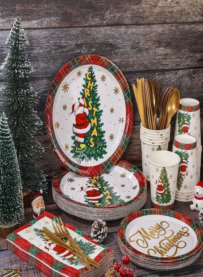 JarThenaAMCS 400Pcs Gold Foil Christmas Santa Party Supplies Kit Serves 50 Plaid Xmas Tree Paper Plates Napkins Disposable Cups Plastic Knives Forks Spoons for Holiday Party - Image 5