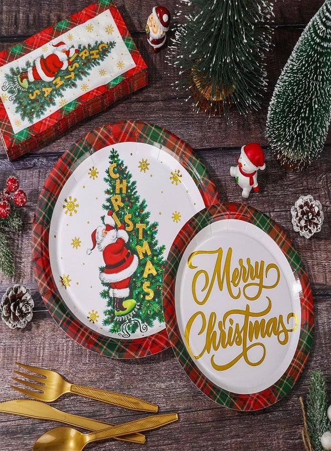 JarThenaAMCS 400Pcs Gold Foil Christmas Santa Party Supplies Kit Serves 50 Plaid Xmas Tree Paper Plates Napkins Disposable Cups Plastic Knives Forks Spoons for Holiday Party - Image 3