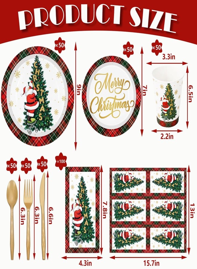 JarThenaAMCS 400Pcs Gold Foil Christmas Santa Party Supplies Kit Serves 50 Plaid Xmas Tree Paper Plates Napkins Disposable Cups Plastic Knives Forks Spoons for Holiday Party - Image 2