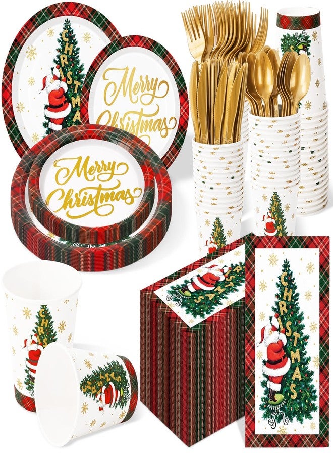 JarThenaAMCS 400Pcs Gold Foil Christmas Santa Party Supplies Kit Serves 50 Plaid Xmas Tree Paper Plates Napkins Disposable Cups Plastic Knives Forks Spoons for Holiday Party - Image 1