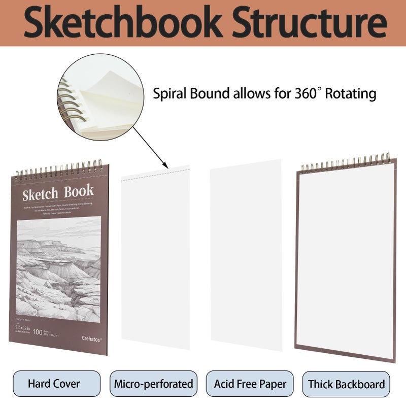 Crehatos 9" x 12" Sketch Book, Top Spiral Bound Sketch Pad, 100 Sheets 68lb/100gsm Drawing Paper, 1 Pack - Image 3