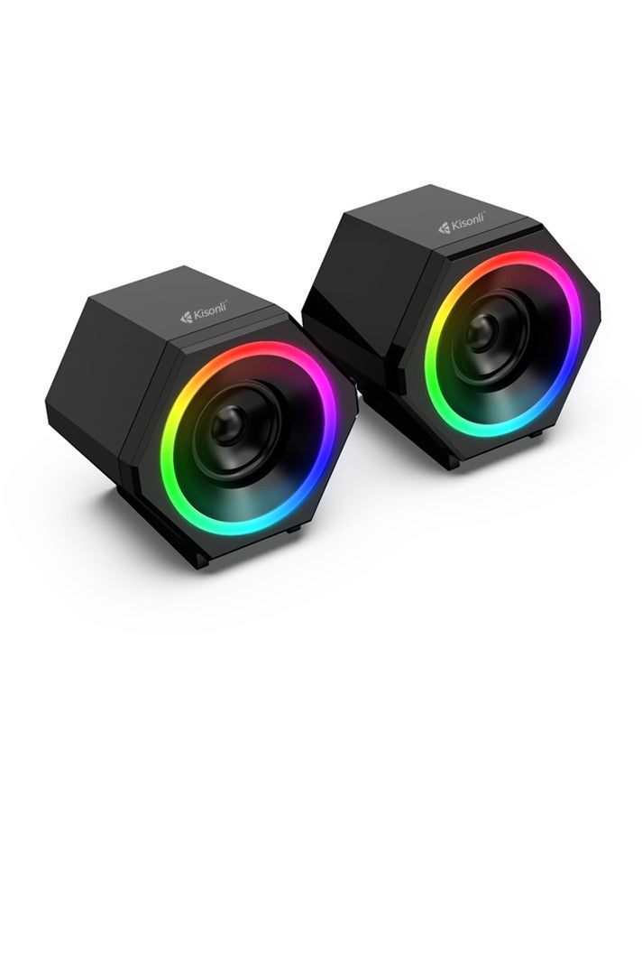 كيسونلي مكبر صوت متعدد الوسائط L6060 سلكي RGB - مكبر صوت 5 وات * 2.0 قناة (إجمالي 10 وات) - طاقة USB 2.0 سلكية + قابس صوت 3.5 مم - إضاءة RGB ديناميكية للألعاب / الموسيقى / الكمبيوتر واللاب توب ، الهاتف المحمول | أسود - Image 1