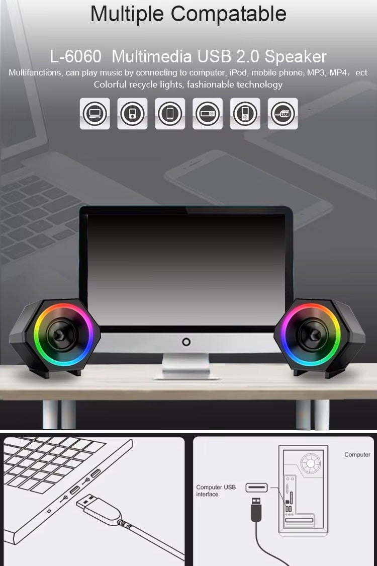 كيسونلي مكبر صوت متعدد الوسائط L6060 سلكي RGB - مكبر صوت 5 وات * 2.0 قناة (إجمالي 10 وات) - طاقة USB 2.0 سلكية + قابس صوت 3.5 مم - إضاءة RGB ديناميكية للألعاب / الموسيقى / الكمبيوتر واللاب توب ، الهاتف المحمول | أسود - Image 3