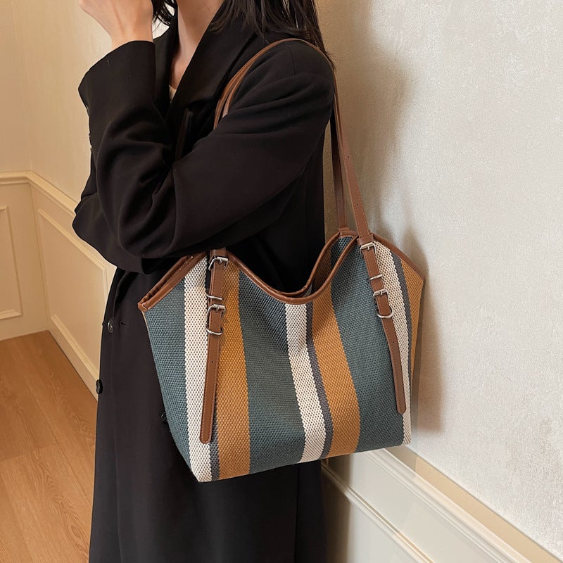 Casual Striped Canvas Big Bag Women'S High-End Tote Bag For Class All-Match Commuter Shoulder Bag - Image 5