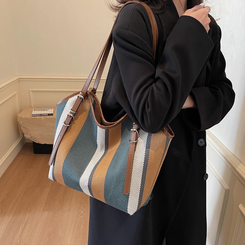 Casual Striped Canvas Big Bag Women'S High-End Tote Bag For Class All-Match Commuter Shoulder Bag - Image 3