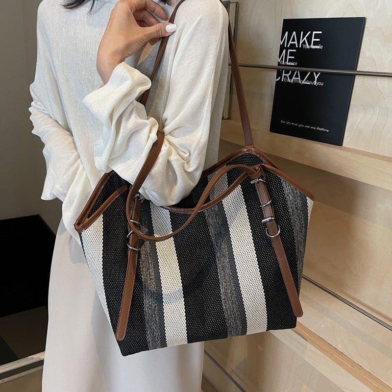 Casual Striped Canvas Big Bag Women'S High-End Tote Bag For Class All-Match Commuter Shoulder Bag - Image 2
