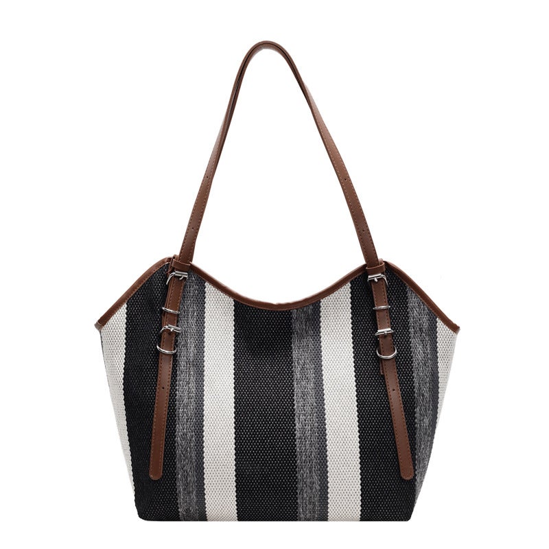 Casual Striped Canvas Big Bag Women'S High-End Tote Bag For Class All-Match Commuter Shoulder Bag - Image 1