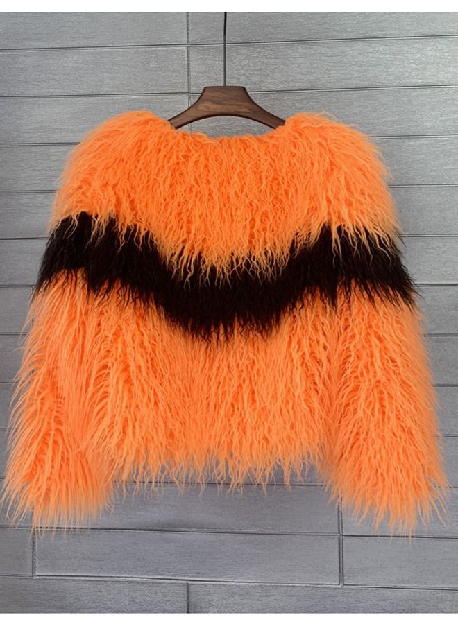 Loquat Women's Imitation Fur Personality Cardigan Short Coat Orange  - Image 2