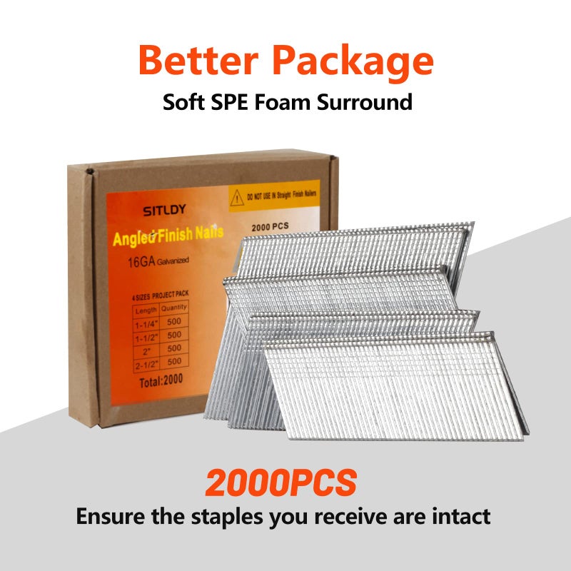 SITLDY 16 Gauge Angled Finish Nails, 20-Degree, 2000-Pack (2-1/2", 2", 1-1/2", 1-1/4" 500 Per Sizes), Galvanized Assorted Size Project Pack, for Pneumatic, Electric Angled Finish Nailer - Image 3