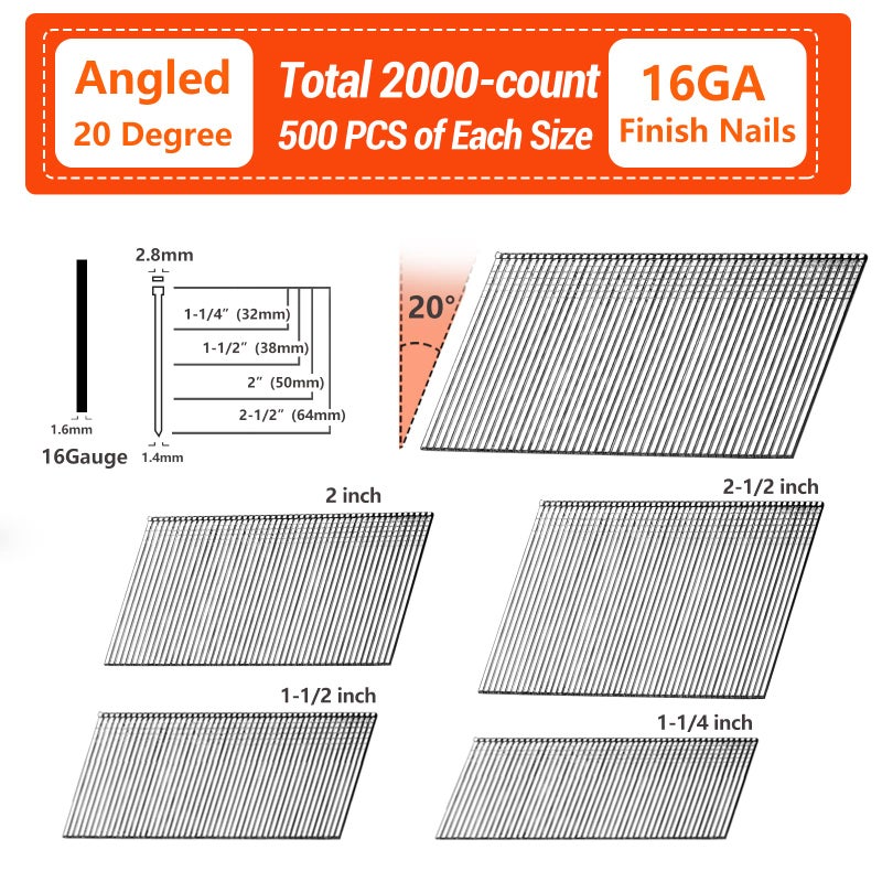 SITLDY 16 Gauge Angled Finish Nails, 20-Degree, 2000-Pack (2-1/2", 2", 1-1/2", 1-1/4" 500 Per Sizes), Galvanized Assorted Size Project Pack, for Pneumatic, Electric Angled Finish Nailer - Image 2