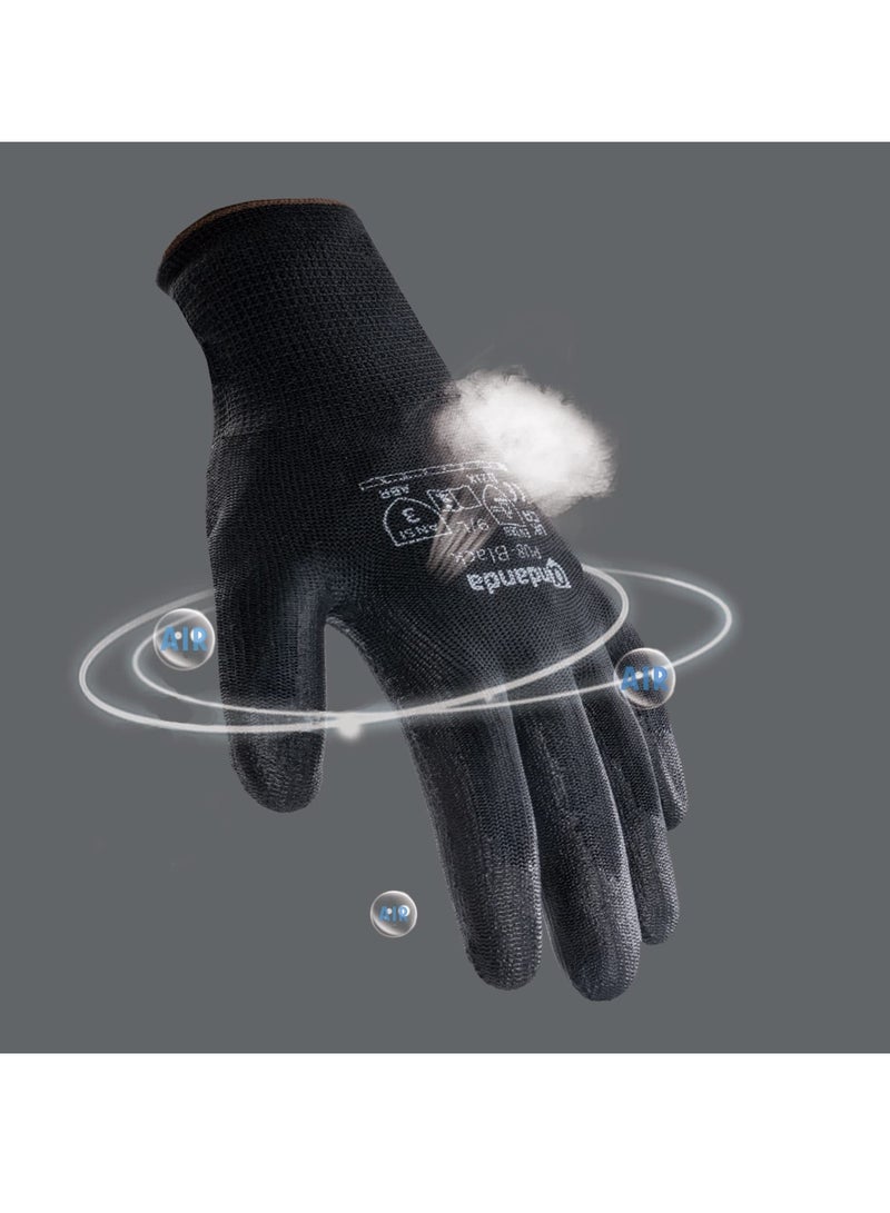 قفازات أمان محبوكة خالية من seams مع طلاء PU: 12 زوجًا من القفازات المتينة للعمل والبستنة للرجال - للاستخدام في المستودعات والهواء الطلق، باللون الأسود - Image 3