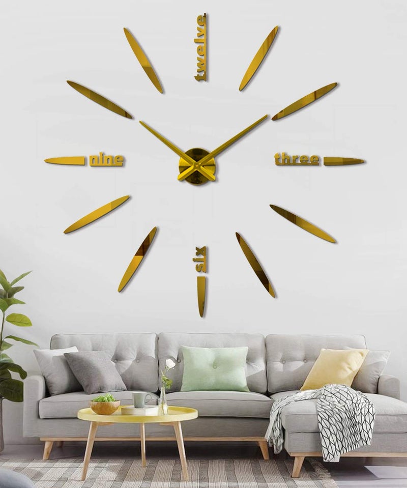 SIEMOO DIY Wall Clock 3D Mirror Stickers Large Frameless Wall Clock Modern Design Watches Hours for Home Living Room Bedroom Office Decoration GiftsGold 012