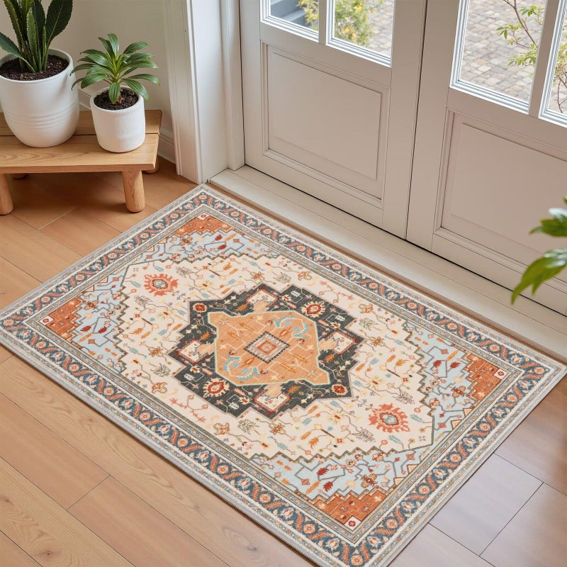 Macgace 2x3 Orange Beige Small Area Rug for Entryway, Soft Washable Rugs with Non-Slip Backing for Bedroom Kitchen, Vintage Throw Carpet Laundry Entry Front Door Decor - Image 1