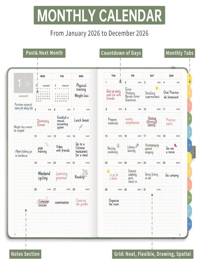 LOAPEM 2026 Planner, Weekly and Monthly, Jan 2026 - Dec 2026, Medium Size (5.7" x 8.3"), 2026 Calendar, Leather Hardcover, 12 Self-Adhesive Monthly Tabs, 100 GSM Thick Paper (Light Green) - Image 2