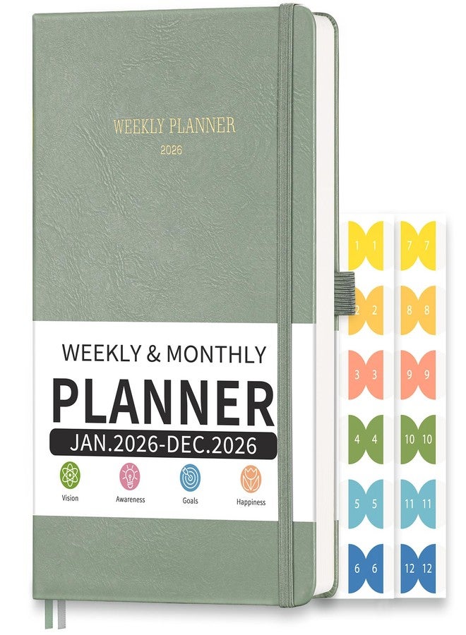 LOAPEM 2026 Planner, Weekly and Monthly, Jan 2026 - Dec 2026, Medium Size (5.7" x 8.3"), 2026 Calendar, Leather Hardcover, 12 Self-Adhesive Monthly Tabs, 100 GSM Thick Paper (Light Green) - Image 1