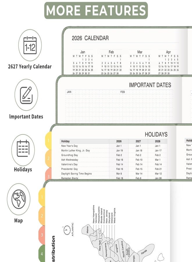 LOAPEM 2026 Planner, Weekly and Monthly, Jan 2026 - Dec 2026, Medium Size (5.7" x 8.3"), 2026 Calendar, Leather Hardcover, 12 Self-Adhesive Monthly Tabs, 100 GSM Thick Paper (Light Green) - Image 4