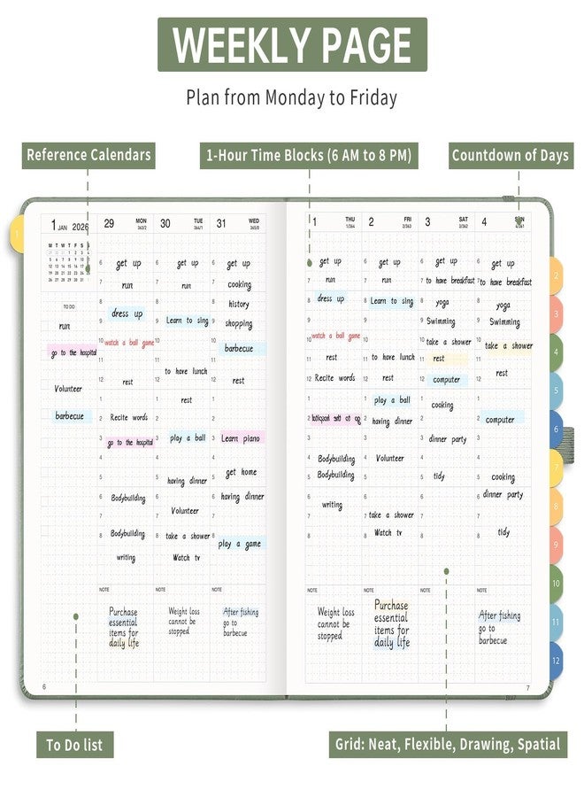 LOAPEM 2026 Planner, Weekly and Monthly, Jan 2026 - Dec 2026, Medium Size (5.7" x 8.3"), 2026 Calendar, Leather Hardcover, 12 Self-Adhesive Monthly Tabs, 100 GSM Thick Paper (Light Green) - Image 3