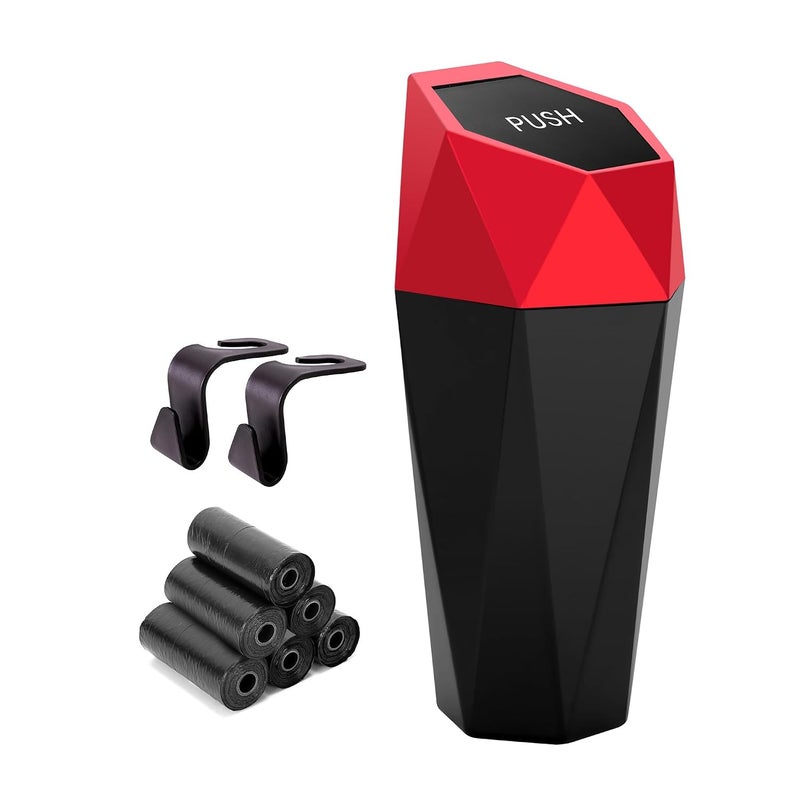 Ginsco Car Trash Can Cup Holder, Mini Car Trash Can with Lid, Car Accessories for Interior, Leakproof Small Trash Cup for Car, Home with Additional 2 ABS Hooks and 90pcs Trash Bags Red - Image 1