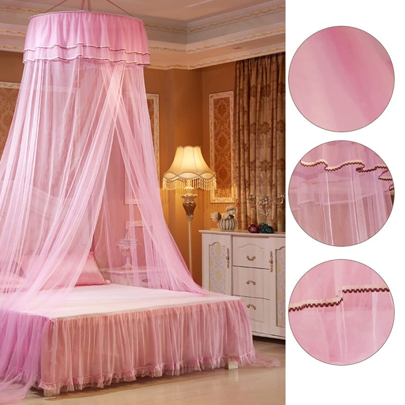 Pink Round Canopy Lace Princess Bed Curtain Netting Breathable Foldable Polyester - Image 4