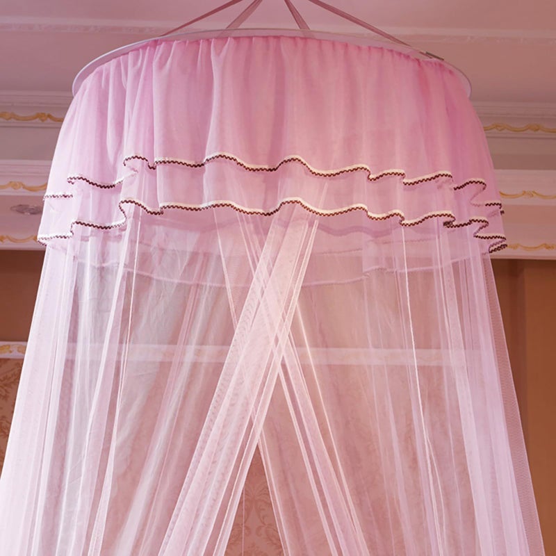 Pink Round Canopy Lace Princess Bed Curtain Netting Breathable Foldable Polyester - Image 5