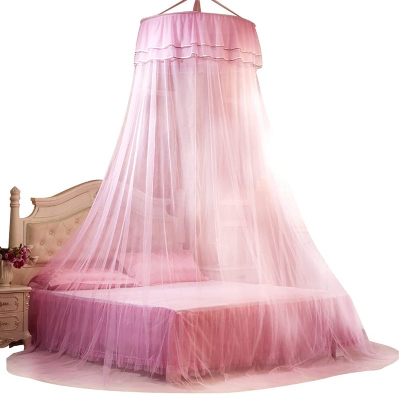 Pink Round Canopy Lace Princess Bed Curtain Netting Breathable Foldable Polyester - Image 2