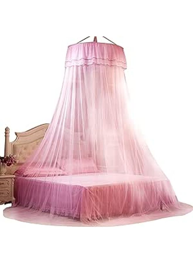 Pink Round Canopy Lace Princess Bed Curtain Netting Breathable Foldable Polyester - Image 1