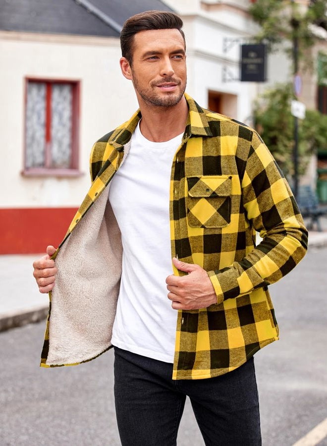 COOFANDY Men's Sherpa Lined Flannel Shirt Jacket Long Sleeve Button Up Fleece Plaid Shirts, Yellow/Black, M - Image 2