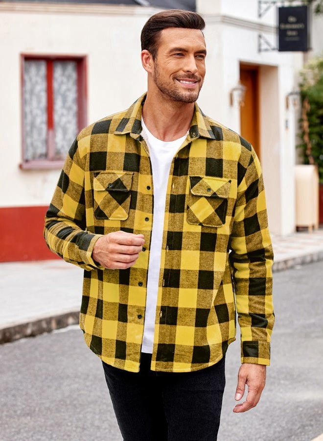 COOFANDY Men's Sherpa Lined Flannel Shirt Jacket Long Sleeve Button Up Fleece Plaid Shirts, Yellow/Black, M - Image 3