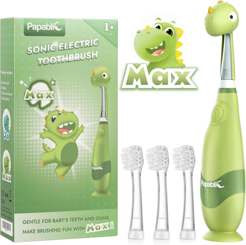 Papablic Toddler Sonic Electric Toothbrush Kids for Ages 1-3 Years, Baby Electric Toothbrush with Cute Dino Cover and Smart LED Timer, 4 Brush Heads (Max) - Image 1