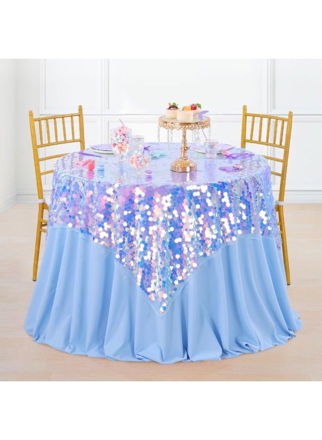 QueenDream Blue Sequin Mermaid Table Cloth: Iridescent Tablecloth for Birthday Ocean Themed Party Baby Shower Decorations 51x35 Inch - Image 3