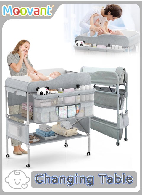 Portable Baby Changing Table, Foldable Infant Diaper Station with Wheels, Nursery Organizer, Waterproof Diaper Changing Table, Pad Topper Diaper Organizer with Storage Rack, Strengthen Structure and Adjustable Heights