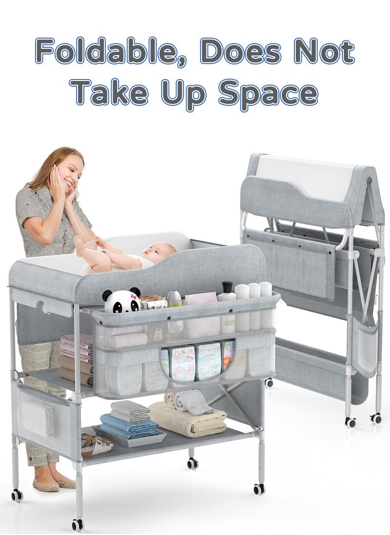 Moovant - Portable Baby Changing Table, Foldable Infant Diaper Station with Wheels, Nursery Organizer, Waterproof Diaper Changing Table, Pad Topper Diaper Organizer with Storage Rack, Strengthen Structure and Adjustable Heights - Image 1
