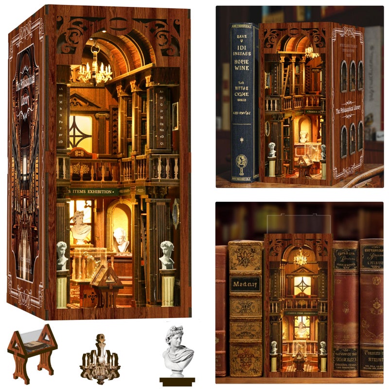 ISSEVE Book Nook Kit DIY 3D Wooden Puzzle Dollhouse Booknook for Adults Tiny Miniature House Kit Bookshelf Decor Halloween for Crafts Book Lovers Library of Philosophical - Image 3