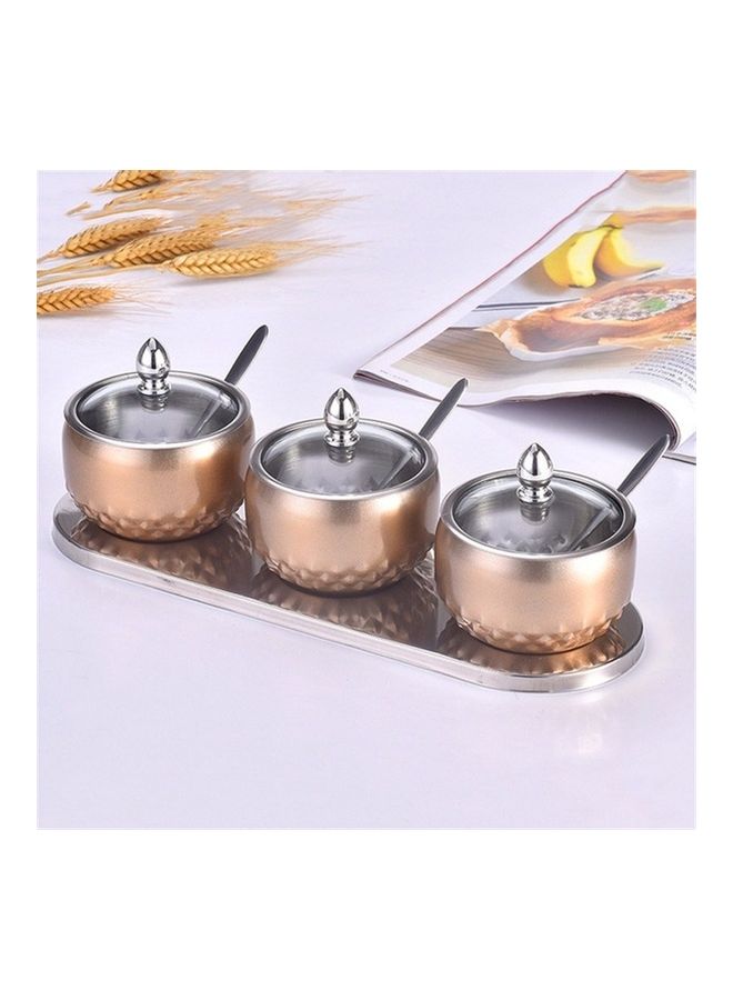 إسكدنيا طقم مرطبانات بهارات مبتكرة 3 في 1 من الإستانلس ستيل مع غطاء زجاجي وملعقة ذهبي 30 x 12 x 10سم - Image 1