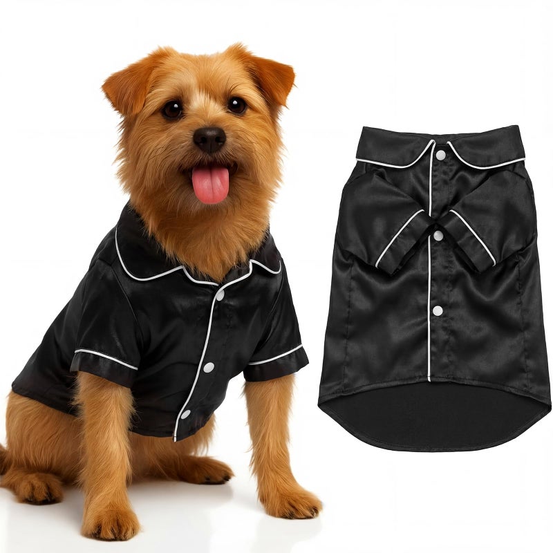 Cosblank Pet Silk Pajamas Shirts Dogs Satin Pjs Soft Faux Silk Lapel Two-Legged Puppy Sleepwear for Small Dogs Bridal Party(M,Black) - Image 1