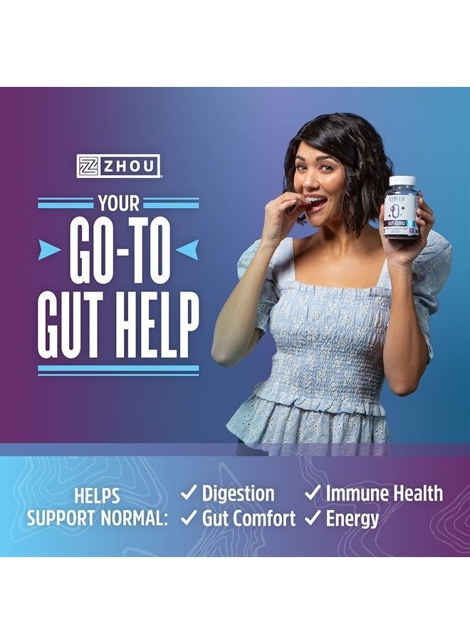 Zhou Nutrition - Gut Guru Prebiotics and Probiotics for Women and Men, 2 in 1 Probiotic and Prebiotic Gummies for Digestive Gut Health and Immune Support, Vegan, Gluten Free, Non-GMO, 60 Count - Image 1