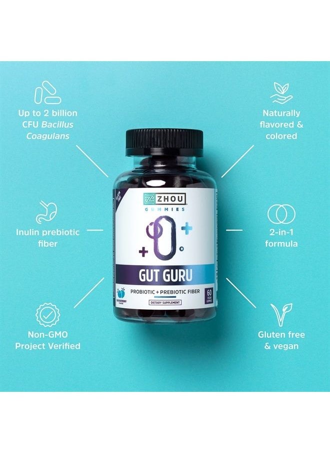 Zhou Nutrition - Gut Guru Prebiotics and Probiotics for Women and Men, 2 in 1 Probiotic and Prebiotic Gummies for Digestive Gut Health and Immune Support, Vegan, Gluten Free, Non-GMO, 60 Count - Image 1