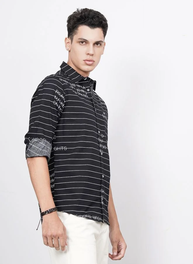 شركة المرآب الهندية Men Regular Fit Striped Full Sleeves Spread Collar Casual Shirt