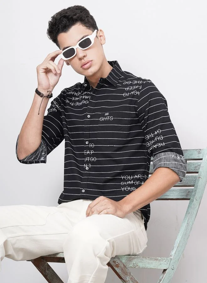 شركة المرآب الهندية Men Regular Fit Striped Full Sleeves Spread Collar Casual Shirt