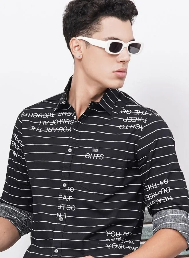 شركة المرآب الهندية Men Regular Fit Striped Full Sleeves Spread Collar Casual Shirt