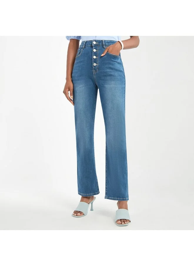 FAV Solid Flared Leg Jeans with Pockets