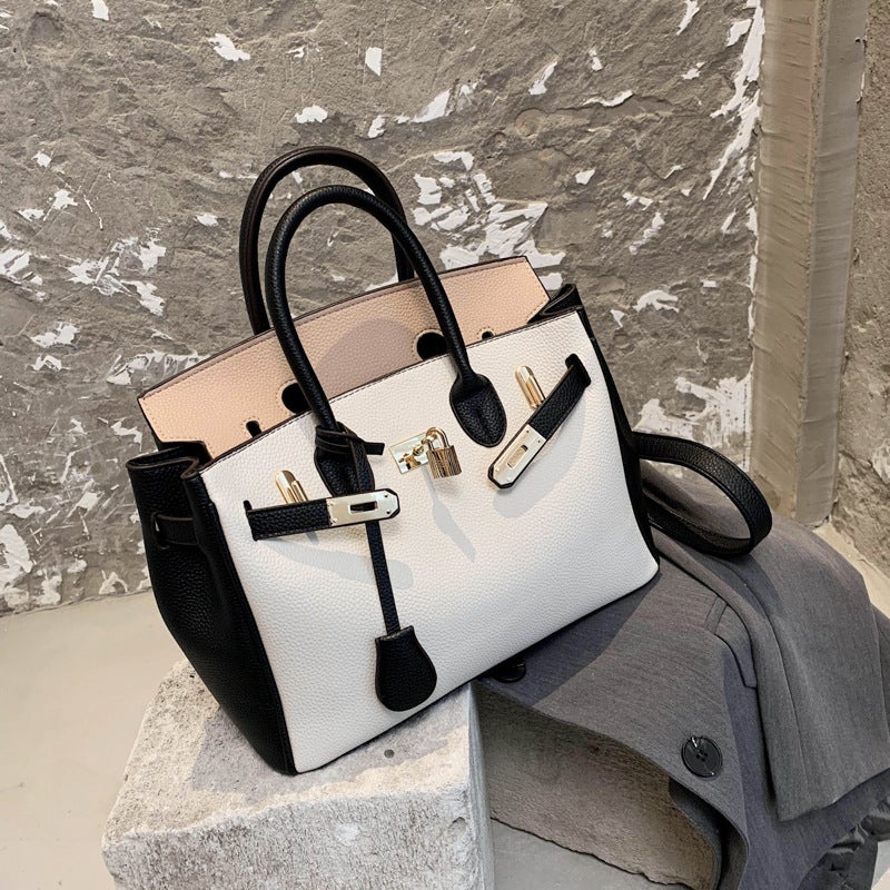 Women's PU Contrast Color Tote Handbag with Shoulder Strap - Image 3