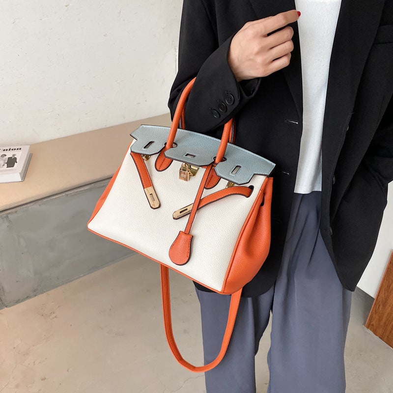Women's PU Contrast Color Tote Handbag with Shoulder Strap - Image 5