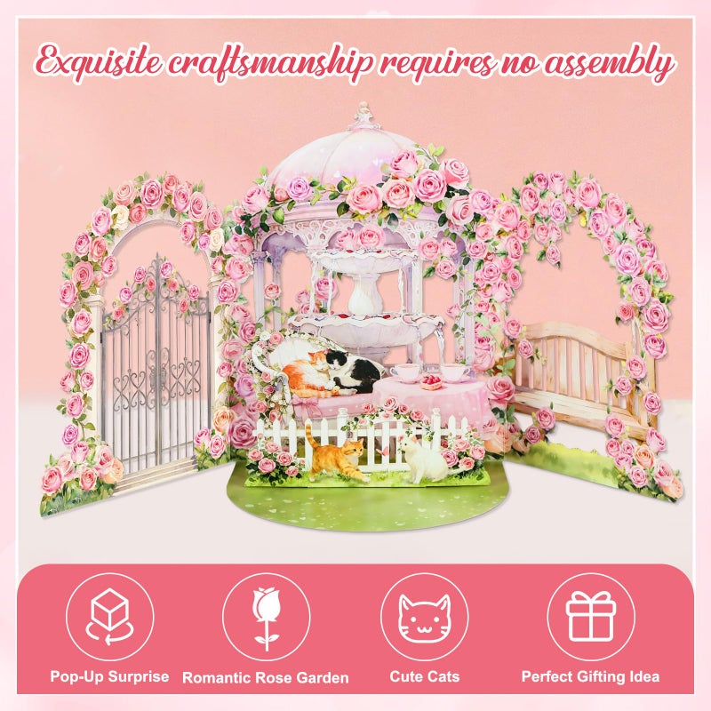 D4DREAM Valentines Day Pop Up Card - Kittens in Romantic Rose Garden 3D Cat Romantic Wedding Pop Up Card for Her, Wife, Girlfriend Cat Lovers, Handmade Gift for Anniversary Engagement Wedding - Image 3