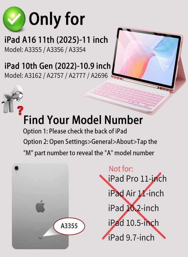 TUNKARMOR for iPad A16 11th / 10th Generation Case with Backlit Keyboard - 7 Color Change for iPad 10th Gen 2022 & 11th Gen 2025 A16 10.9/11 inch Cover - Built-in Pencil Holder with Mouse - Pink - Image 2