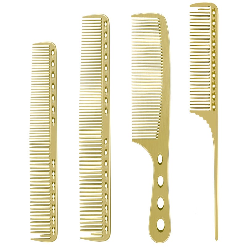 CGBARBER 4 Types Aluminum Hair Combs for Cutting Stainless Steel Hair Tail Metal Comb Golden